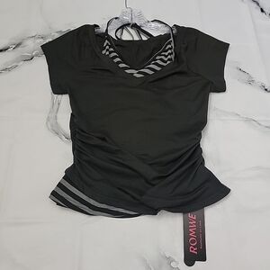 Romwe Size Medium Black, Grey, Striped, Contrast 2-in-1, Halter V Neck Tie-Bow